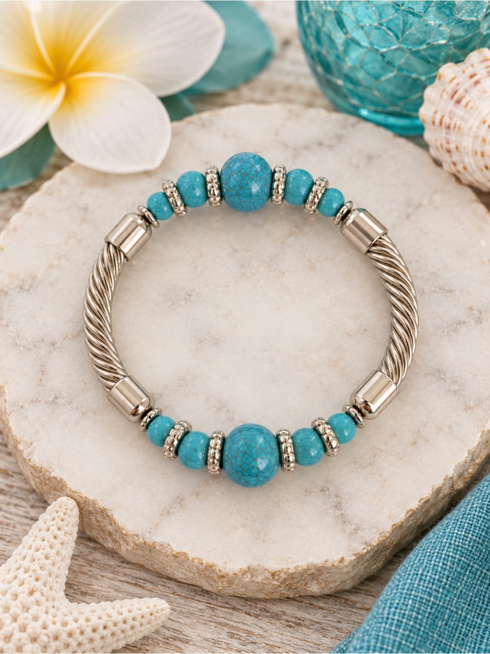 Turquoise Blue Howlite Beaded Silver Tone Cable Cuff Stretch Bracelet Jewelry